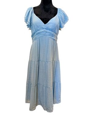 Blue Flutter-Sleeve Spring Tiered Gauzy Boho Midi Dress Trixxi Size Large